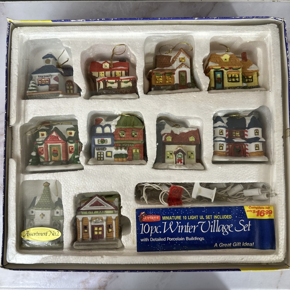 JoyBrite 10 Piece Winter Village Set Ornament 10 Light Set Included VINTAGE RARE